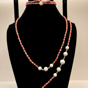 Coral Bead Necklace with Carved Rose Accents