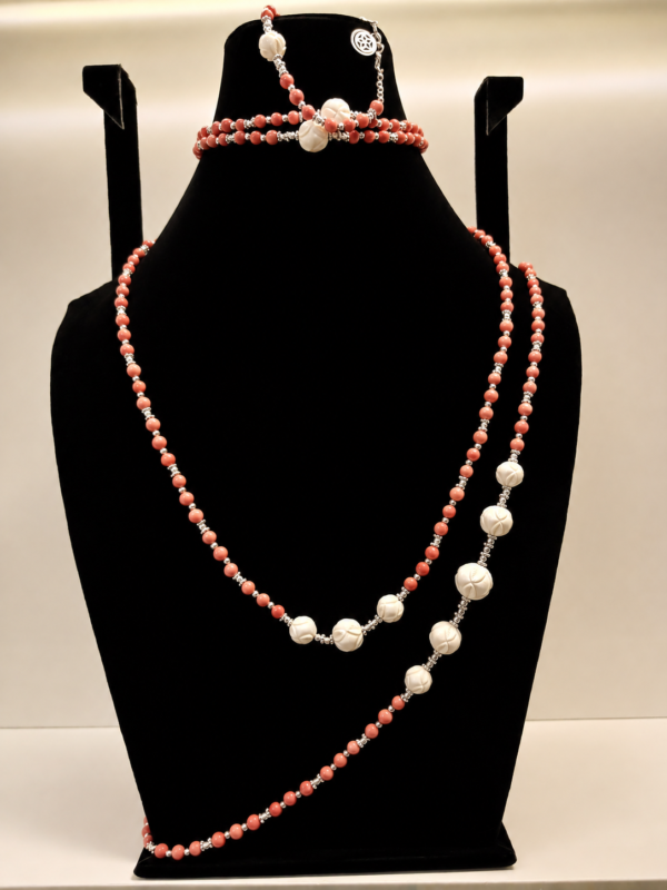 Coral Bead Necklace with Carved Rose Accents