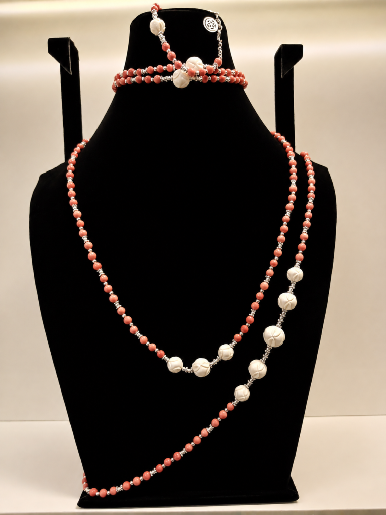 Coral Bead Necklace with Carved Rose Accents