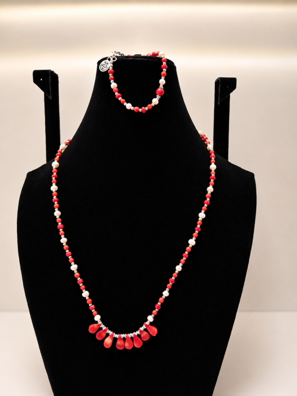 Coral & Pearl Beaded Wrap Necklace with Charm