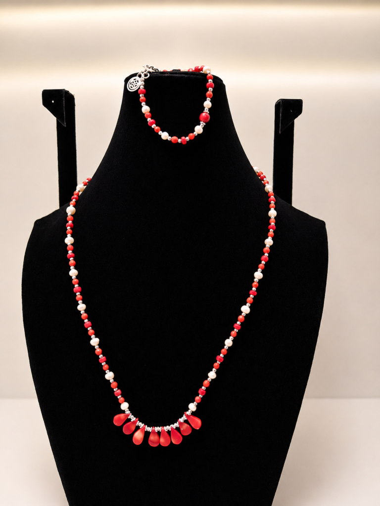 Coral & Pearl Beaded Wrap Necklace with Charm