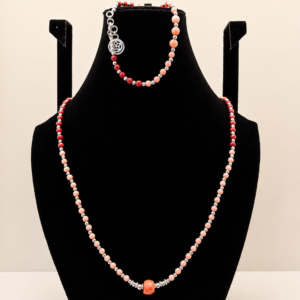 Garnet & Pink Coral Beaded Wrap Necklace with Charm