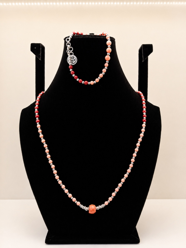 Garnet & Pink Coral Beaded Wrap Necklace with Charm