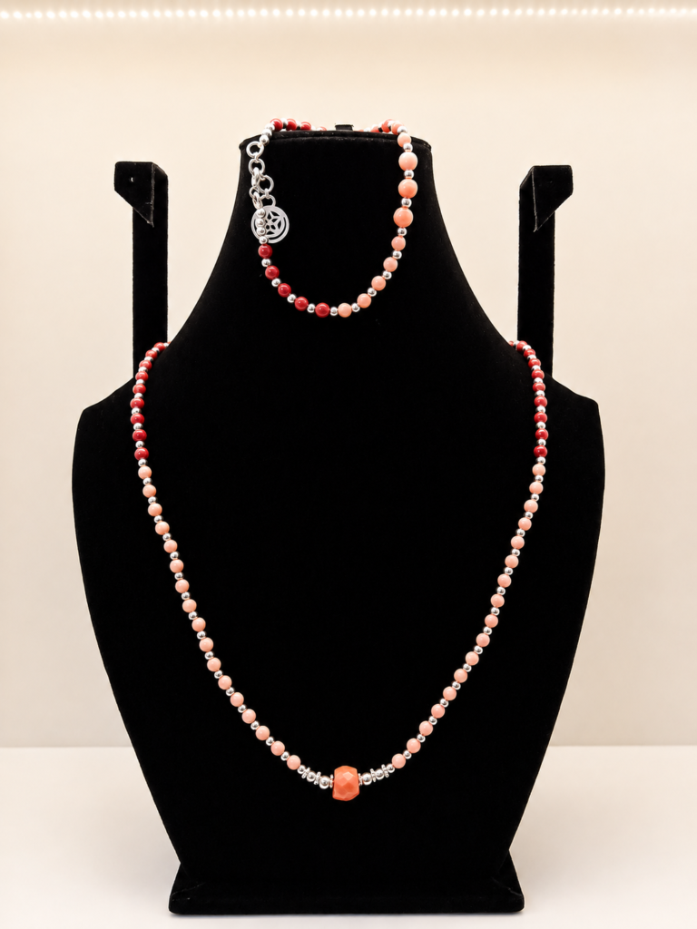Garnet & Pink Coral Beaded Wrap Necklace with Charm