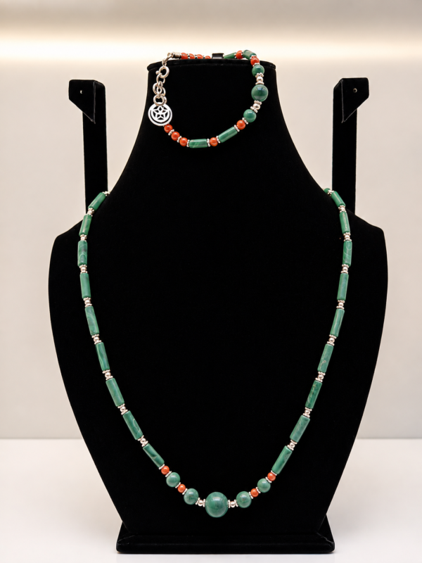 Malachite & Carnelian Beaded Necklace with Charm