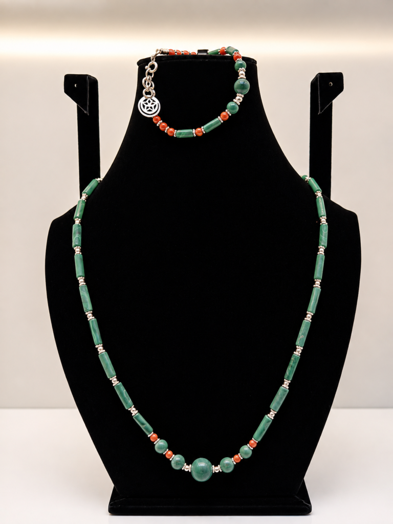 Malachite & Carnelian Beaded Necklace with Charm