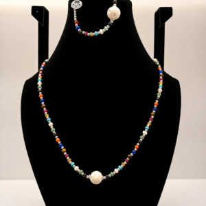 Navratna (9 Gemstone) Beaded Wrap Necklace with Silver Accent