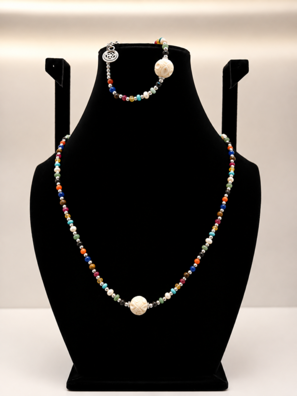 Navratna (9 Gemstone) Beaded Wrap Necklace with Silver Accent