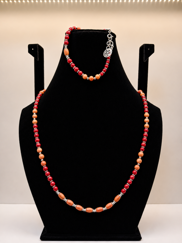 Orange & Red Coral Beaded Wrap Necklace with Charm
