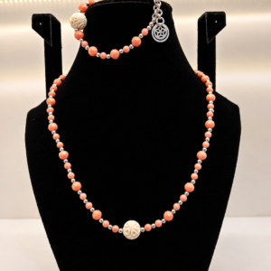 Peach Coral Beaded Wrap Necklace with Silver Accents