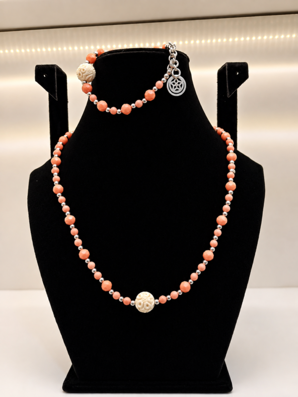 Peach Coral Beaded Wrap Necklace with Silver Accents