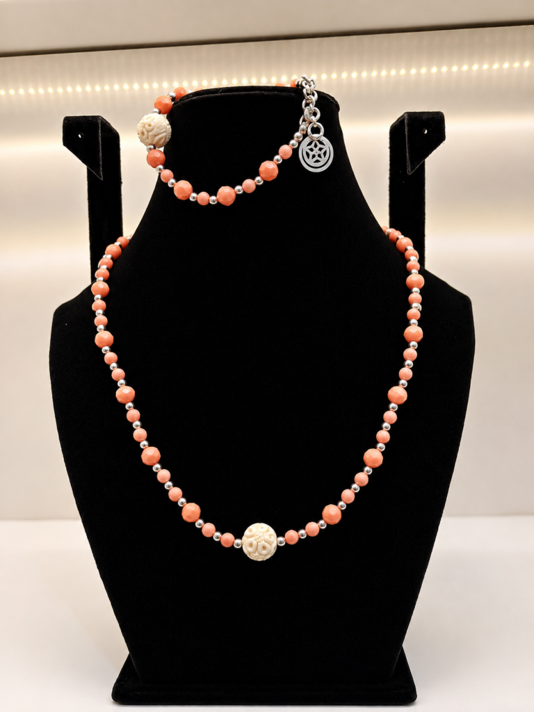 Peach Coral Beaded Wrap Necklace with Silver Accents