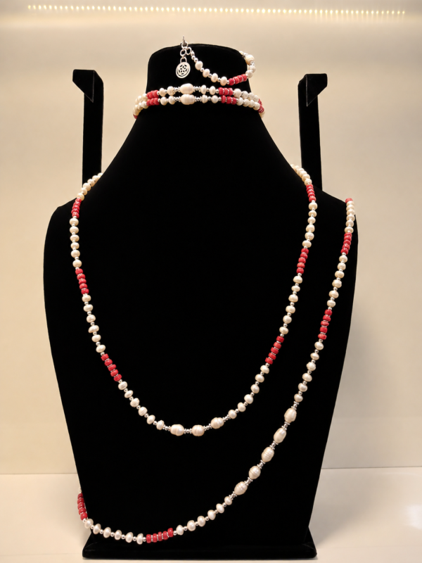 Pearl & Coral Beaded Wrap Necklace & Braclet