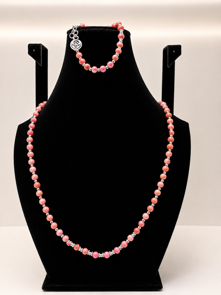 Pink Coral Beaded Wrap Necklace with Silver Accents