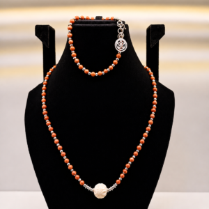 Red Coral Beaded Wrap Necklace with Carved Accent