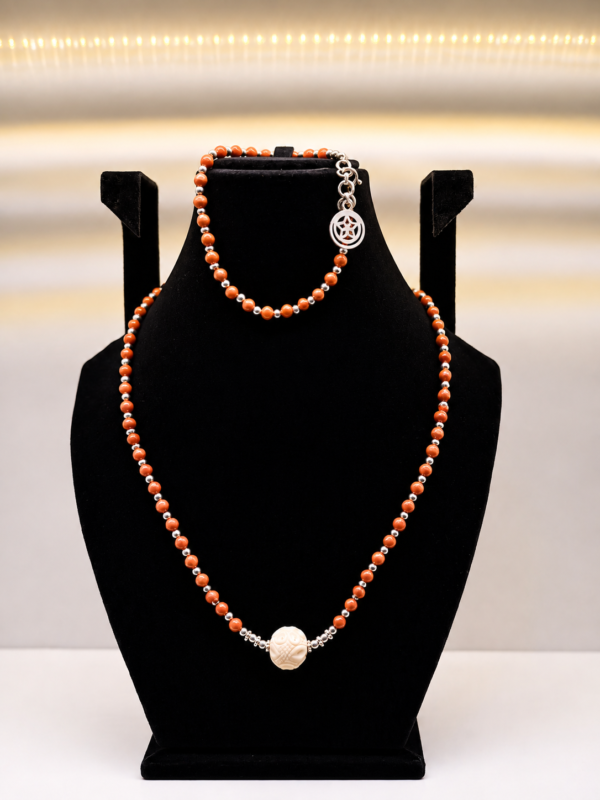 Red Coral Beaded Wrap Necklace with Carved Accent