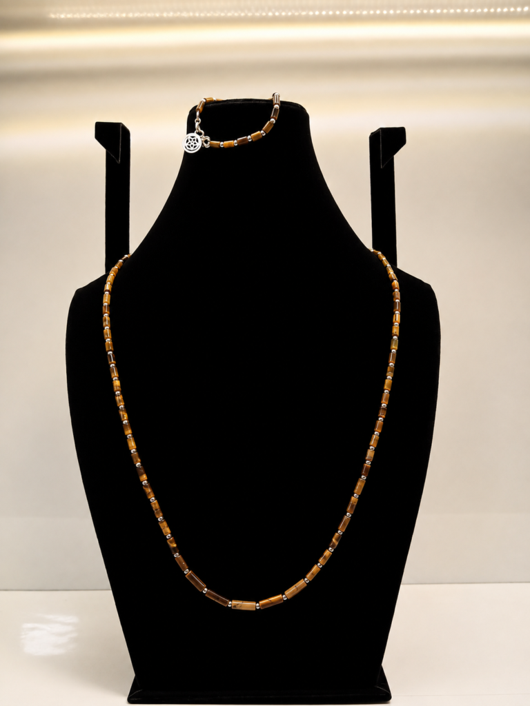 Tiger's Eye Cylinder Bead Necklace with Charm