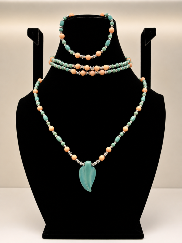 Turquoise & Peach Coral Beaded Wrap Necklace,Braclet