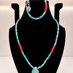 Turquoise & Red Coral Beaded Necklace with Charm