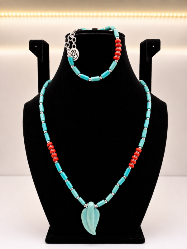 Turquoise & Red Coral Beaded Necklace with Charm