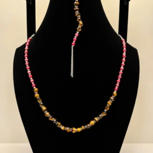 Coral & Tiger's Eye Beaded Wrap Necklace with Charm