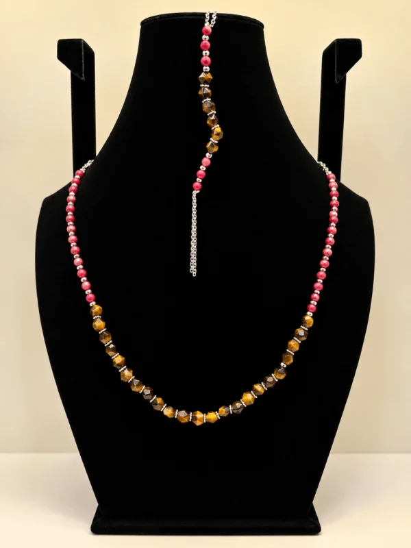 Coral & Tiger's Eye Beaded Wrap Necklace with Charm
