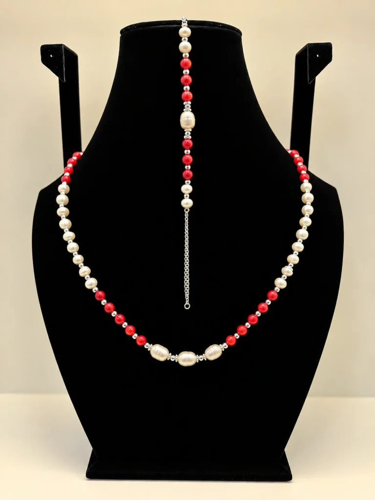 Pearl & Coral Necklace with Silver Charm Accents
