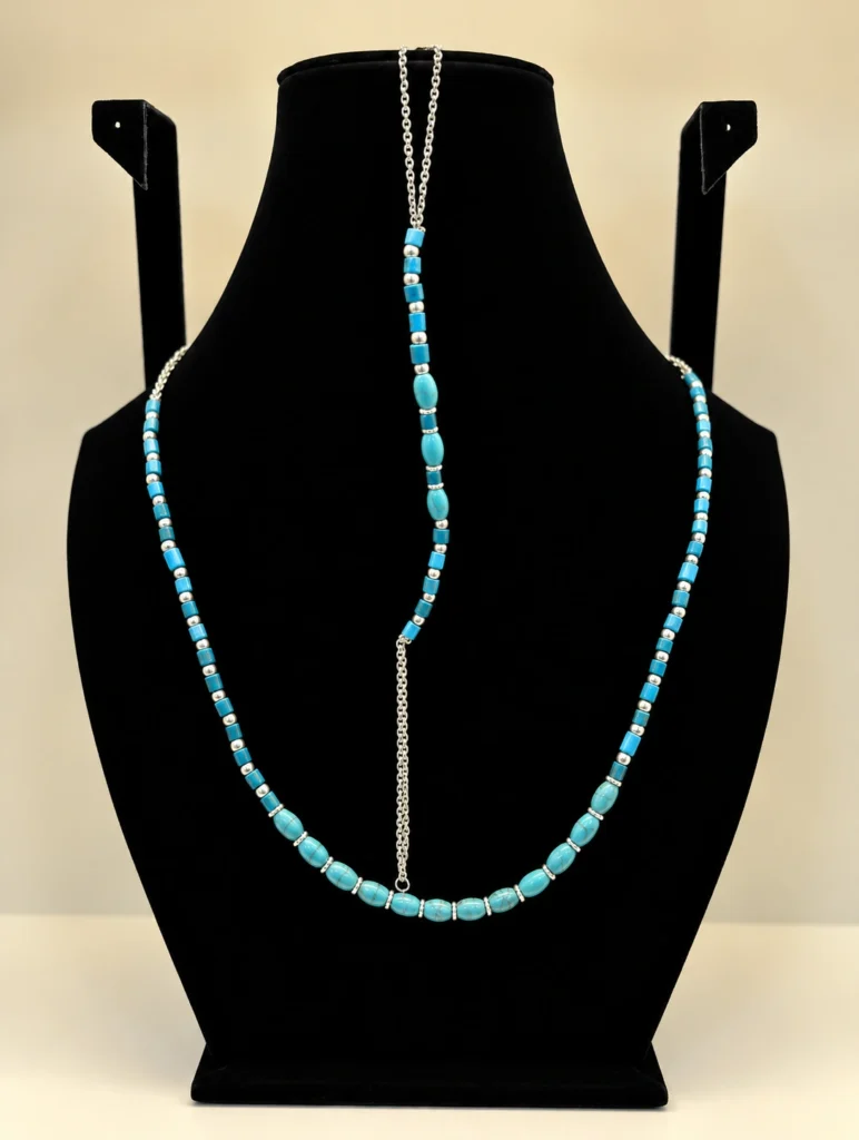 Turquoise Cylinder Beaded Necklace with Silver Detailing