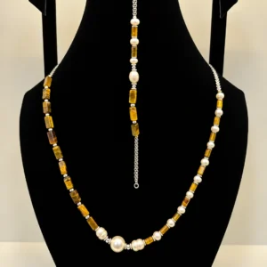 Pearl & Tiger's Eye Necklace with Silver Charm Accents