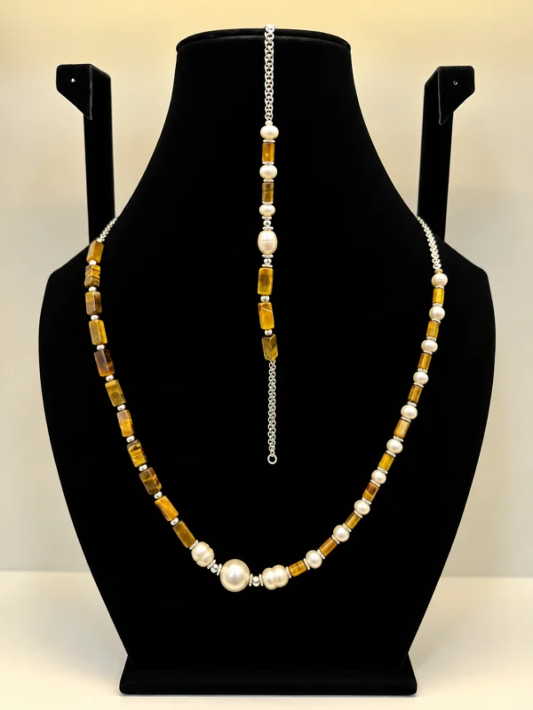 Pearl & Tiger's Eye Necklace with Silver Charm Accents