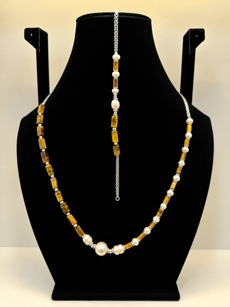 Pearl & Tiger's Eye Necklace with Silver Charm Accents