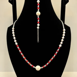 Pearl & Coral Beaded Necklace with Carved Accent
