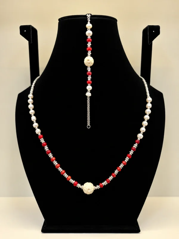 Pearl & Coral Beaded Necklace with Carved Accent