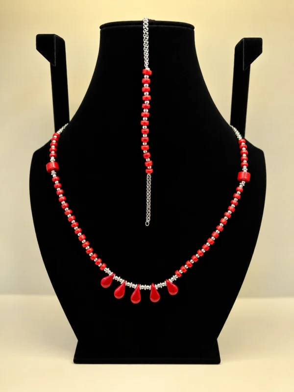 Coral Beaded Necklace with Rose Accents