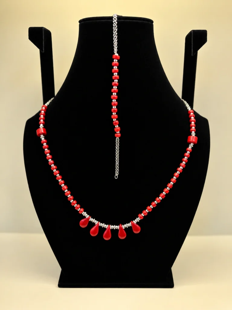 Coral Beaded Necklace with Rose Accents
