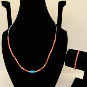 Coral & Turquoise Beaded Necklace with Silver Charm