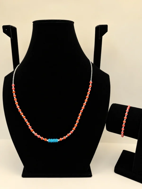 Coral & Turquoise Beaded Necklace with Silver Charm