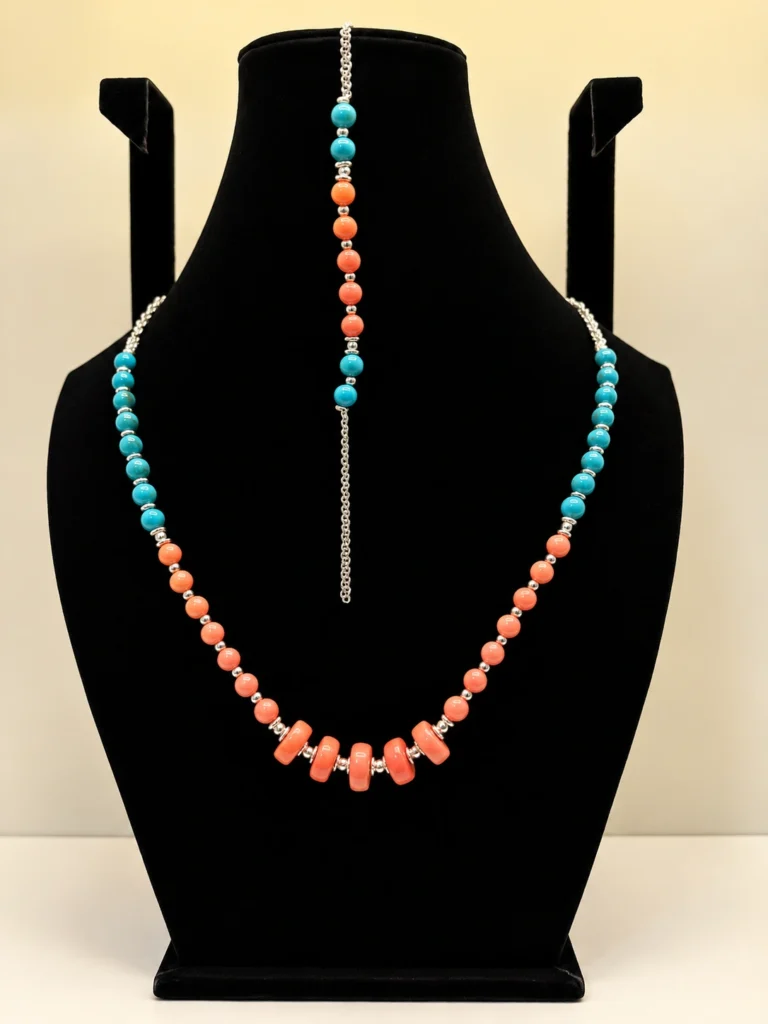 Turquoise & Coral Layered Wrap Necklace with Charm