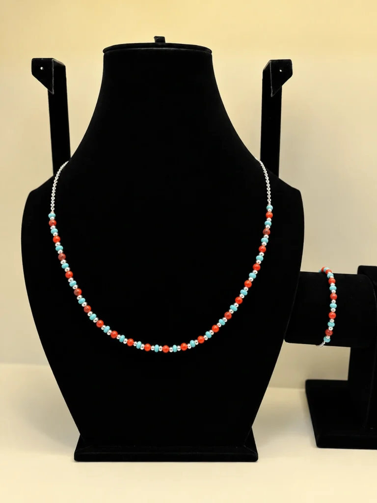 Turquoise & Coral Beaded Necklace with Silver Detailing