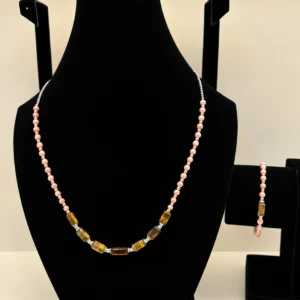 Peach Coral & Tiger's Eye Beaded Necklace with Silver Charm