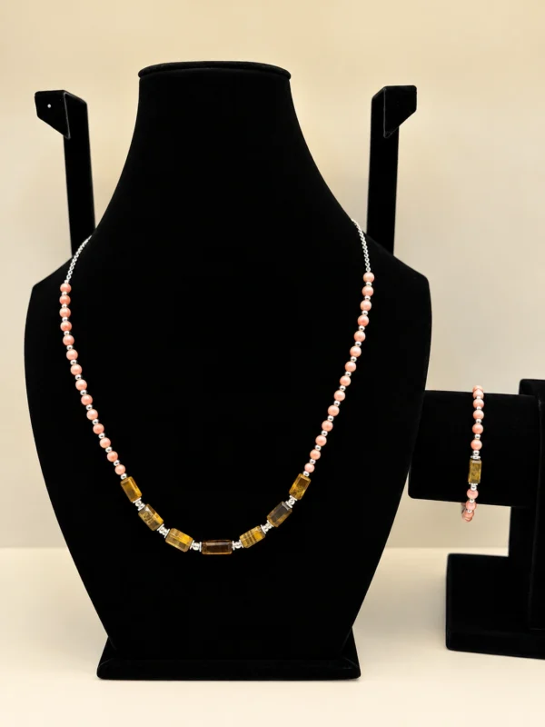 Peach Coral & Tiger's Eye Beaded Necklace with Silver Charm