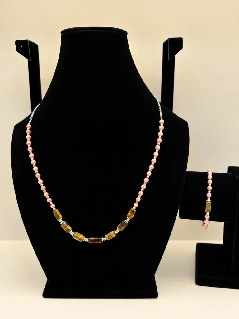 Peach Coral & Tiger's Eye Beaded Necklace with Silver Charm