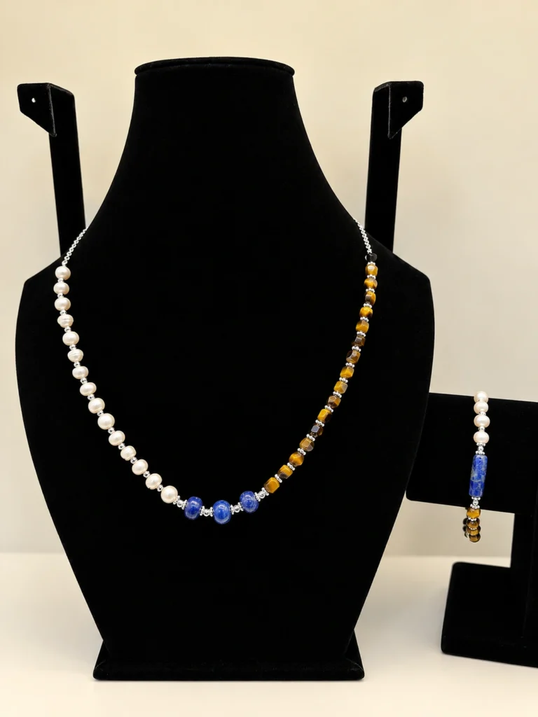 Pearl, Tiger's Eye & Lapis Beaded Necklace with Silver Charm