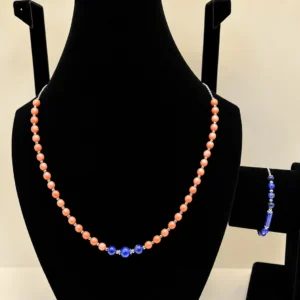 Peach Coral & Lapis Beaded Necklace with Silver Charm