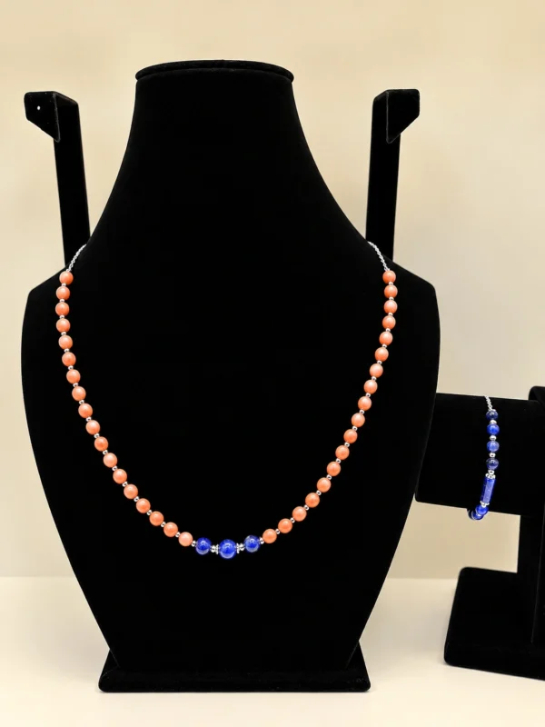 Peach Coral & Lapis Beaded Necklace with Silver Charm