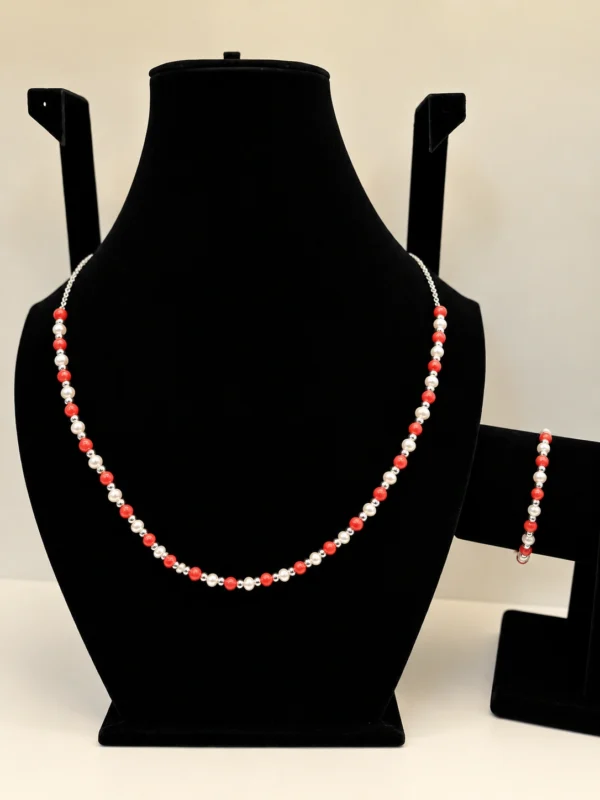 Pearl & Coral Necklace with Silver Chain Accent