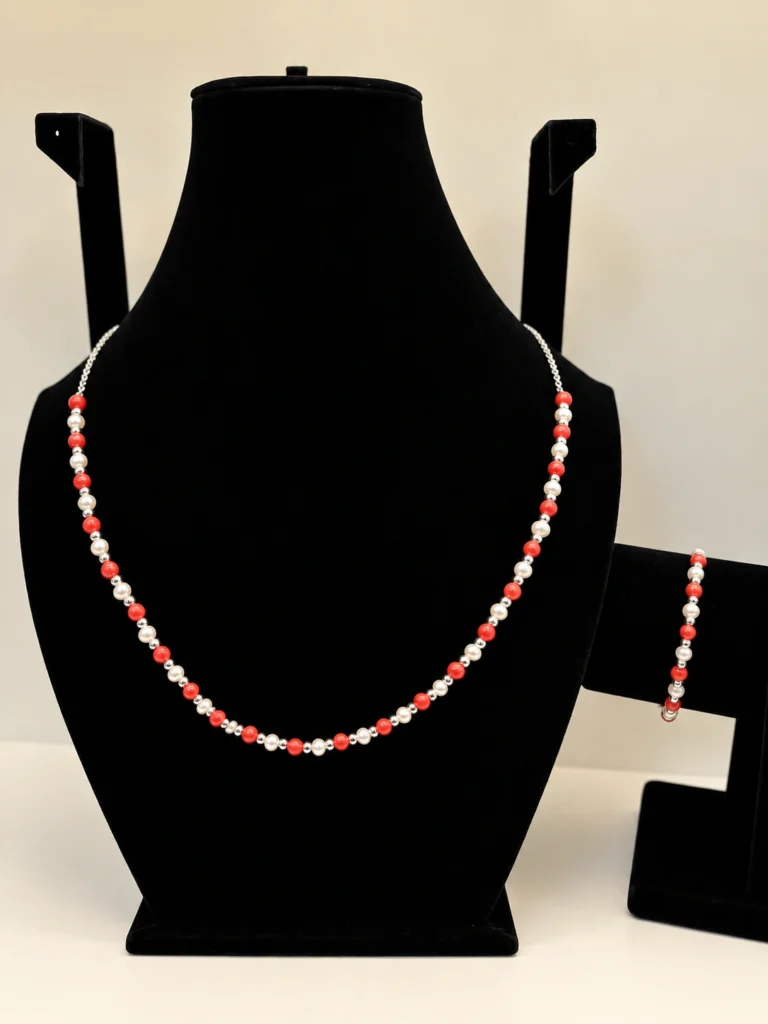 Pearl & Coral Necklace with Silver Chain Accent
