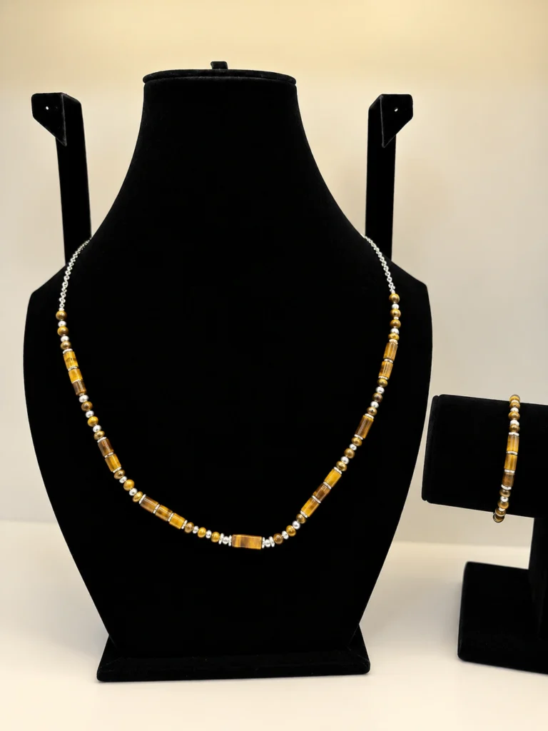 Tiger's Eye & Bronzite Beaded Necklace with Silver Chain