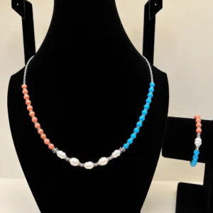 Peach Coral, Pearl & Turquoise Beaded Necklace