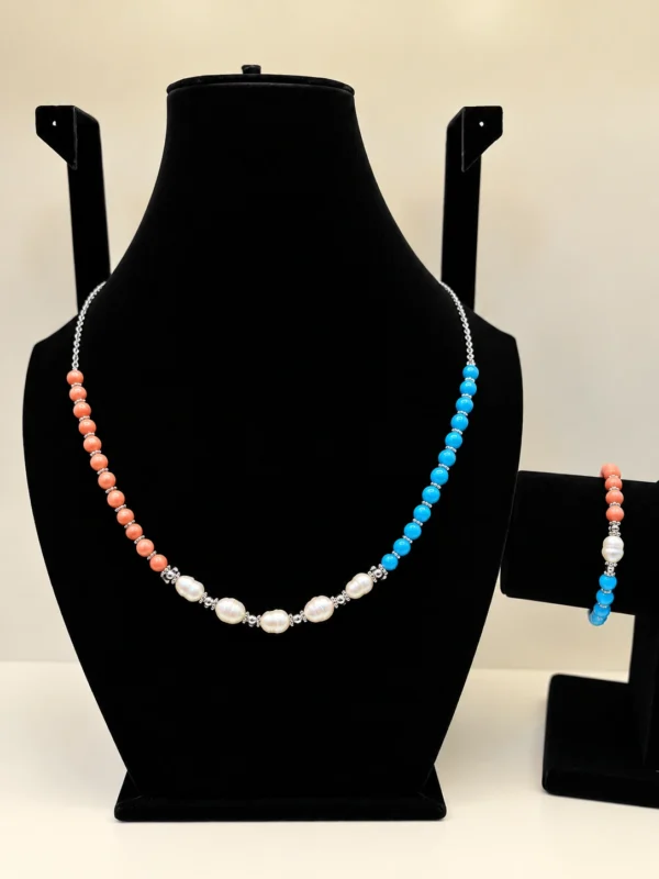 Peach Coral, Pearl & Turquoise Beaded Necklace